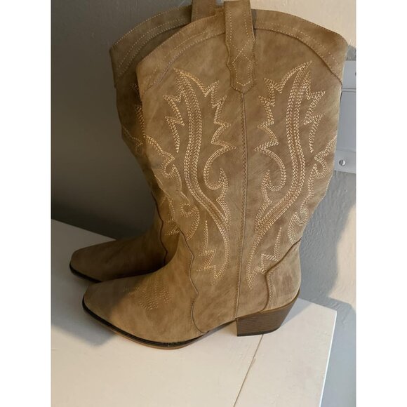 🆕Women Camel Faux Leather Western Cowgirl Chunky Heel Mid Calf Snip Toe Boots - Picture 3 of 10